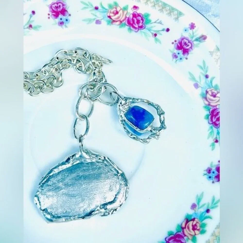 Broken China & Sodalite Charm Bracelet with Artisan Silver-Blend Boho Metalwork